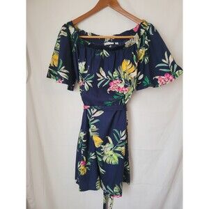 New York & Company Women's L Navy Blue Tropical Floral Off Shoulder Mini Dress